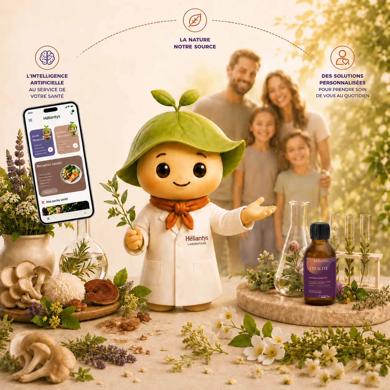 Helio, la mascotte du laboratoire Héliantys, présente notre vision : la nature comme source, l'intelligence artificielle au service de votre santé et des solutions personnalisées pour votre quotidien.